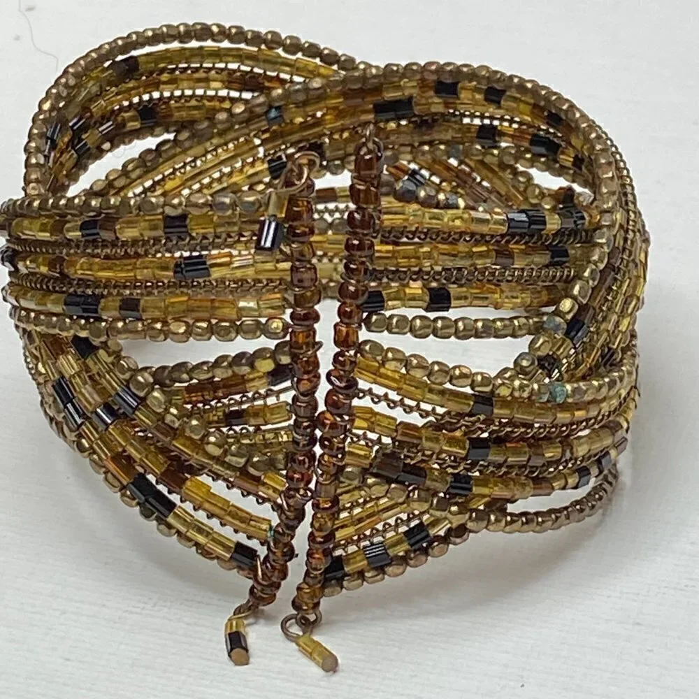 Gold beaded boho style cuff stretch bracelet